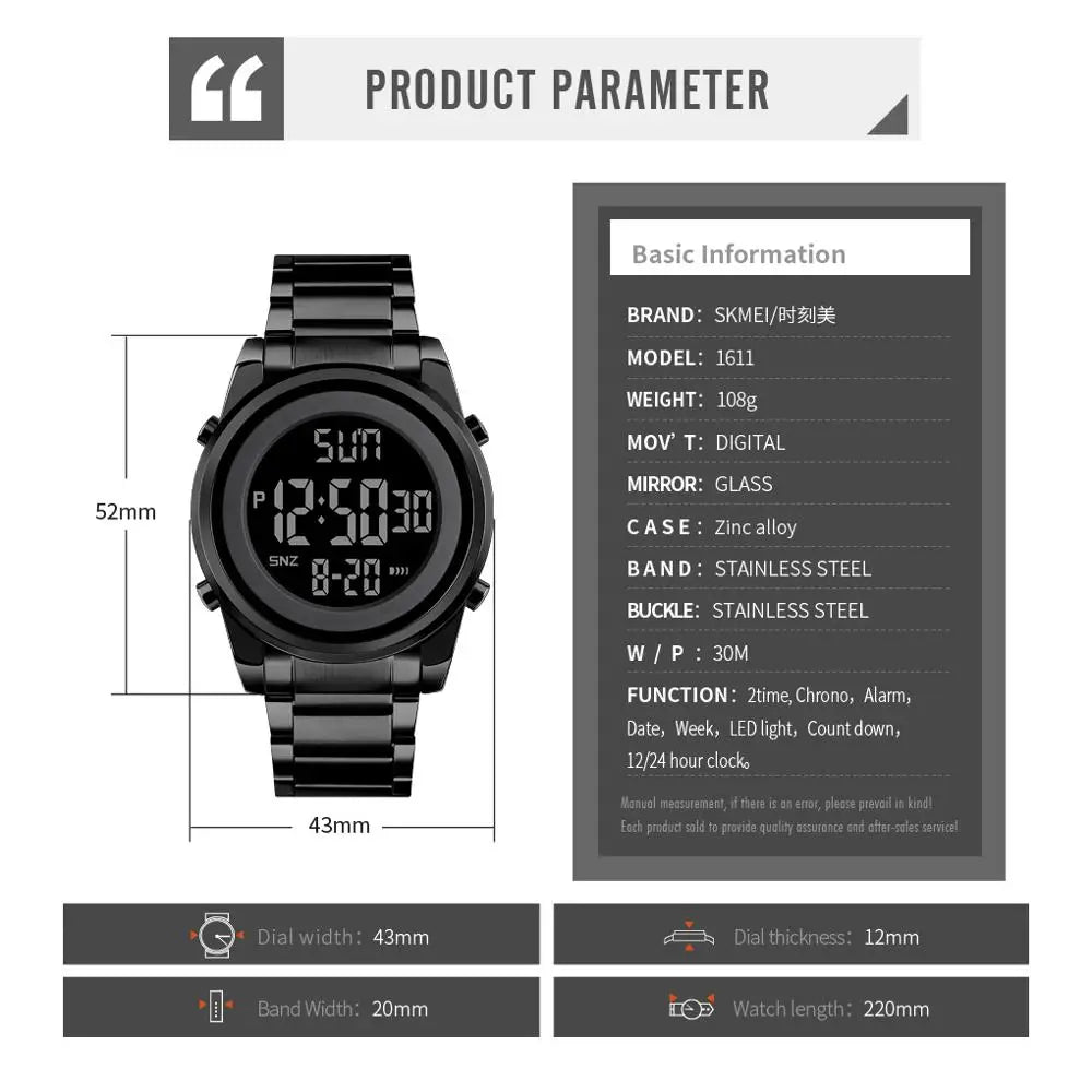 Reloj digital deportivo SKMEI de lujo para hombre, resistente al agua, de acero inoxidable, reloj de pulsera electrónico para caballero, modelo 1611