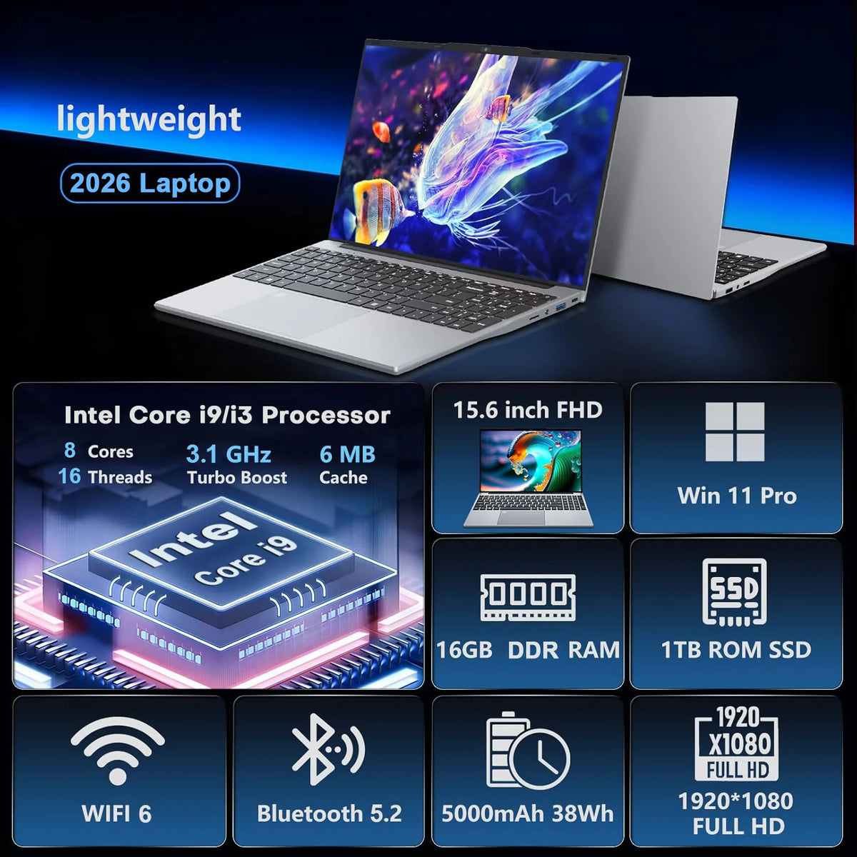 Nuevo portátil para juegos de 15.6'' con Intel Core i9 10980HK/i3-6100U, Windows 11 Pro, 16GB de RAM, 1TB M.2 SSD, desbloqueo por huella dactilar, retroiluminación, ordenador de oficina.