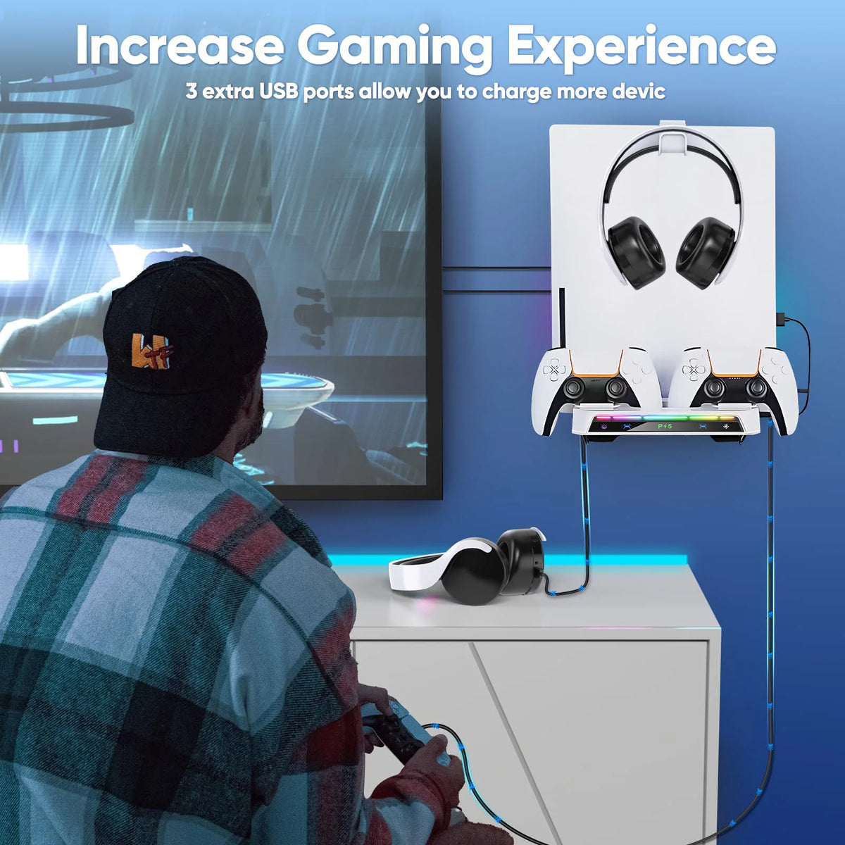 Wall Mount Kit with RGB Light For PS5/ Pro/ Slim Console Dual Controller Charging Station Headset Hanger For PS5 Accessories