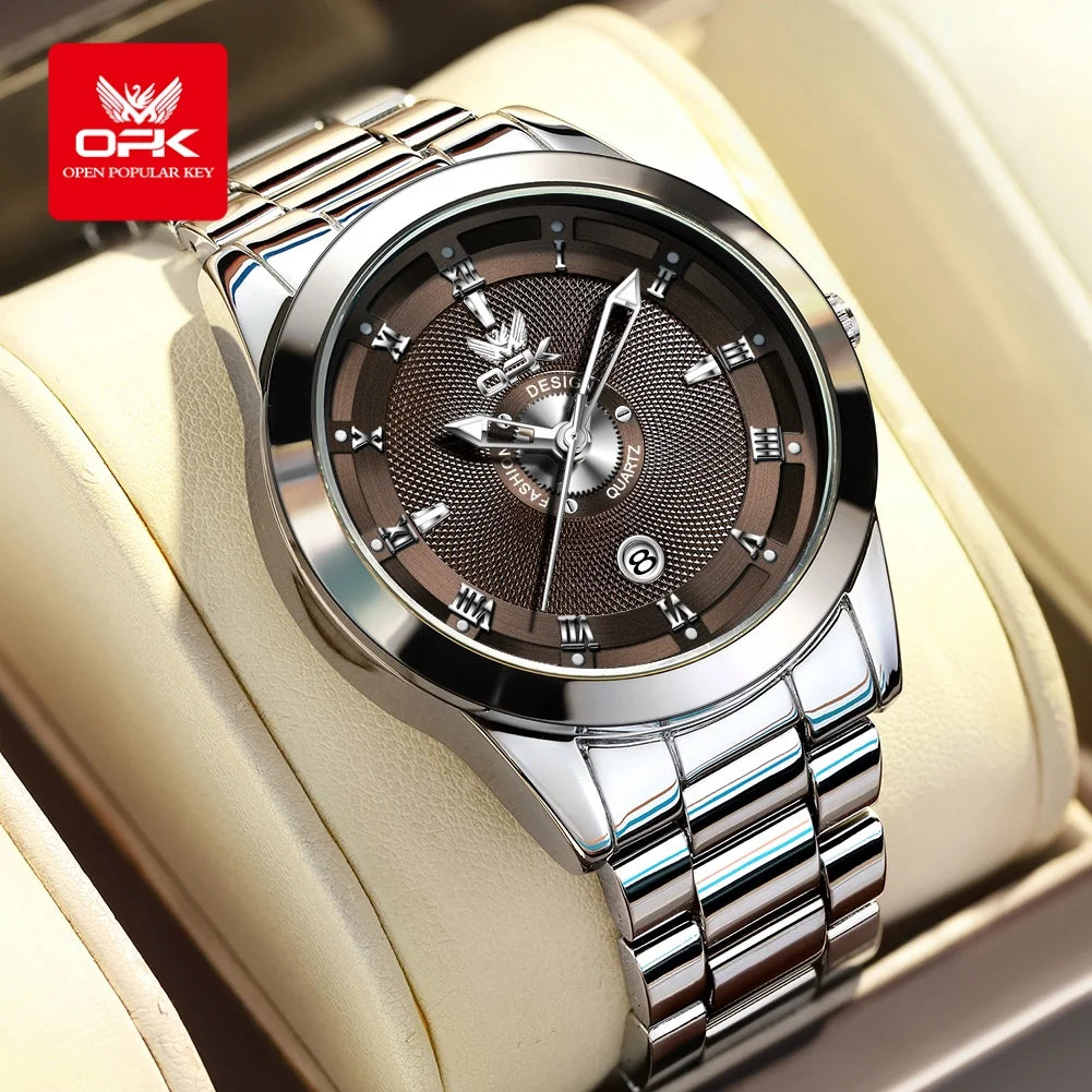 Reloj de cuarzo OPK 6056 para hombre, con números romanos, acero inoxidable, resistente al agua, calendario, luminoso, de alta calidad y original.