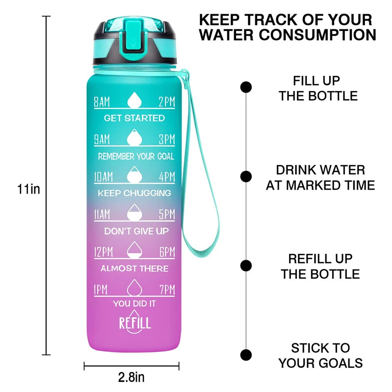 Botella de agua portátil de 1 litro con pajita, botella de agua deportiva motivacional, botellas a prueba de fugas para beber, jarras de Fitness para viajes al aire libre