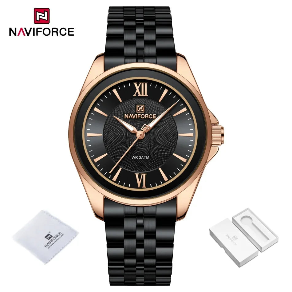 Reloj NAVIFORCE para mujer, creativo, con correa de acero inoxidable, a la moda, elegante, de cuarzo, resistente al agua 30m, reloj de pulsera femenino