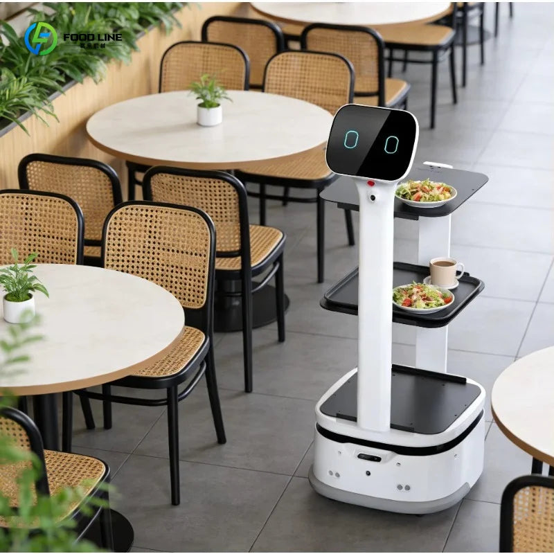 Robot repartidor blanco con pantalla superior y bandejas para platos en restaurante