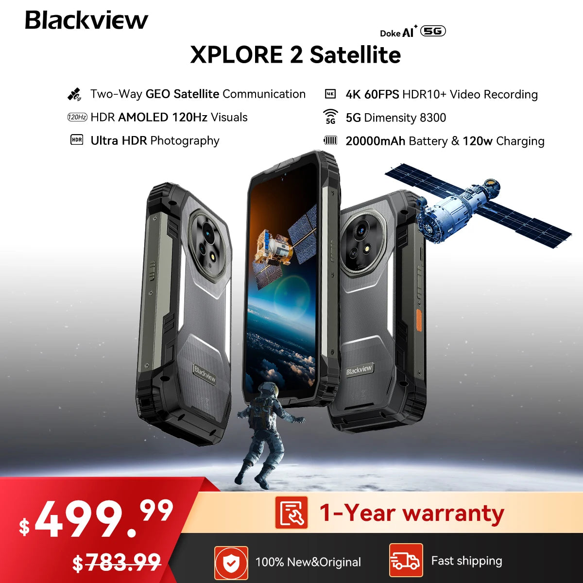 Smartphone ultrarresistente satelital Blackview XPLORE 2, Android 15, batería de 20000 mAh, pantalla AMOLED de 6,73" 3.2K a 120 Hz, comunicación satelital