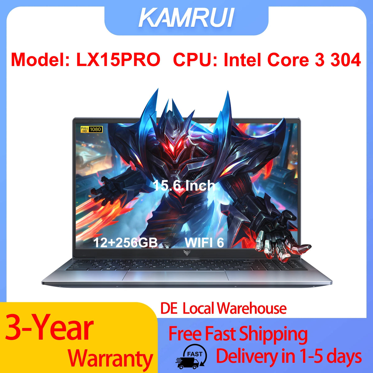Portátil KAMRUI LX15PRO Intel Core 3 304, 12 GB de RAM, 256 GB de ROM, 4.3 GHz, WIFI 6, Bluetooth 5.2, Computadora para Juegos, Oficina, Estudio, Diseño
