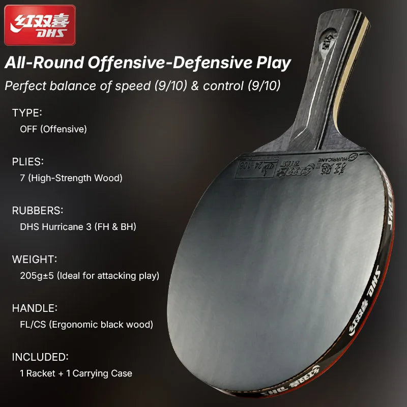 DHS DIAMOND Raqueta de tenis de mesa negra de 7 capas con gomas Hurricane 3 - Bata de paleta de Ping Pong profesional para girar y velocidad
