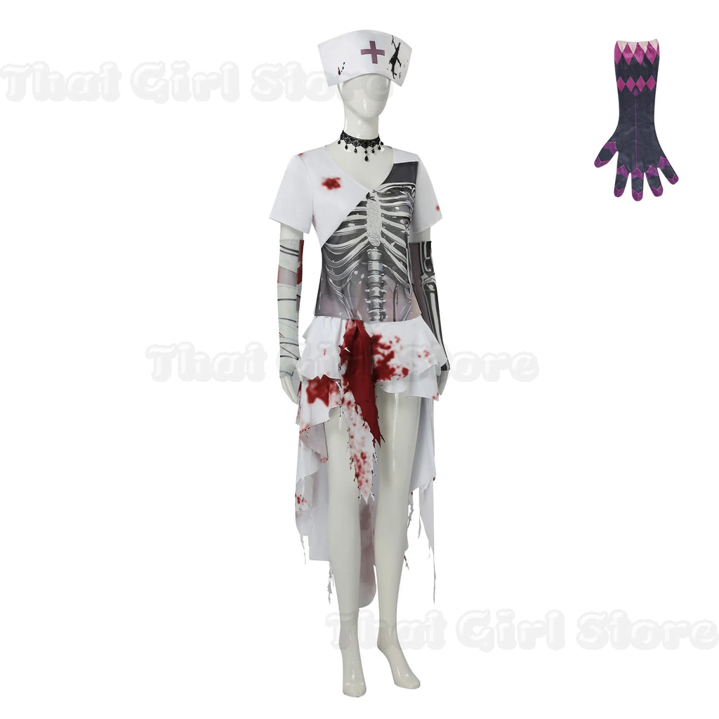 Disfraz de Enfermera Zombi Aterradora, Cosplay de Anime de Terror, Diseño de Esqueleto a la Moda, Vestido con Patrón de Manchas de Sangre Falsa, Traje de Una Pieza, Sombrero para Halloween