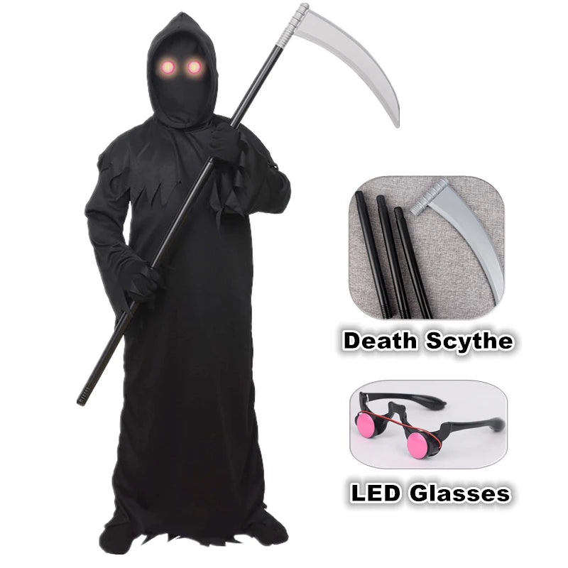 Disfraz de terror de la Parca para Halloween, túnica de fantasma extraña con sombrero negro, ojos rojos brillantes para fiesta de cosplay, incluye máscara y guantes