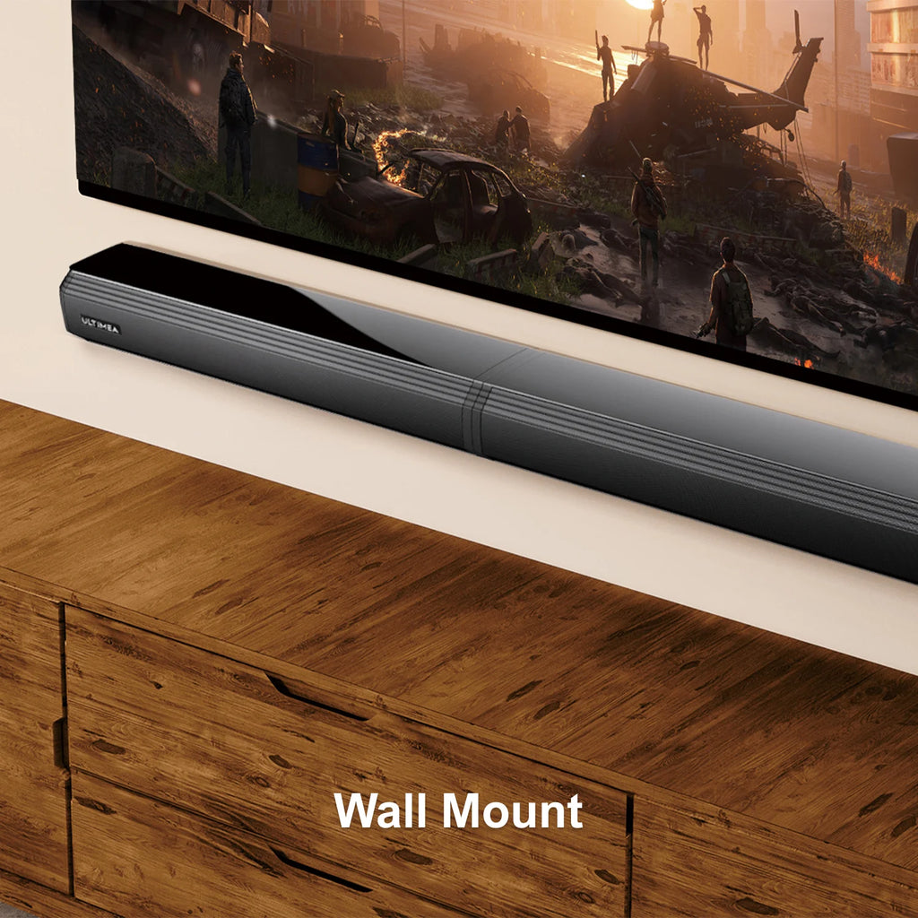 Barra de sonido ULTIMEA negra montada en pared, estilo delgado y discreto