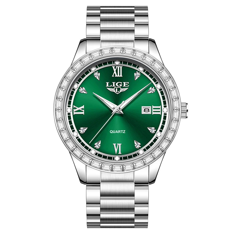 Reloj de cuarzo original LIGE para mujer, esfera con diamantes, acero inoxidable, resistente al agua, luminoso, elegante reloj de pulsera para mujer Reloj Mujer