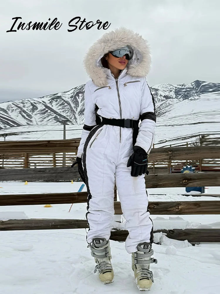 Mono de Esquí con Capucha de Piel para Mujer, con Cinturón en Contraste, Impermeable, con Cremallera, Ropa de Esquí, Traje de Nieve, Deportes de Invierno, Cálido, Nuevo Modelo 2026