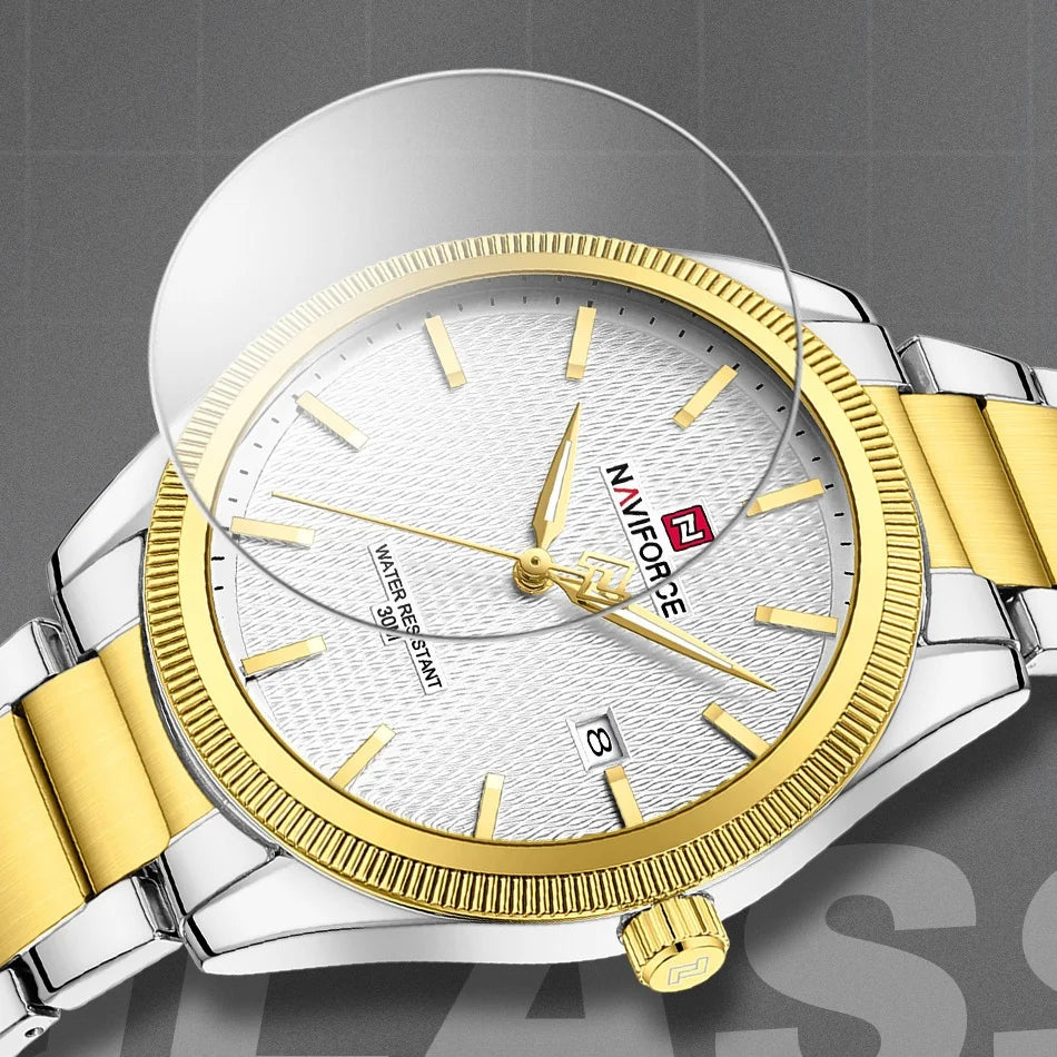 Reloj de cuarzo casual para hombre NAVIFORCE con movimiento luminoso, correa de acero inoxidable, pantalla de manecillas y resistencia al agua de 3ATM