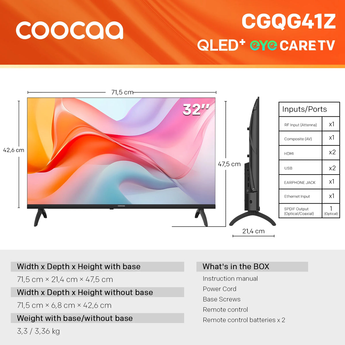 Coocaa 32" QLED Smart TV – Built-in Google Cast, 60Hz, HDR10 & HLG, Dolby Audio, Qyocare 5.0 Anti Blue Light, Flicker-Free, 2 HDMI & 2 USB Ports, 200 cd/m² Brightness