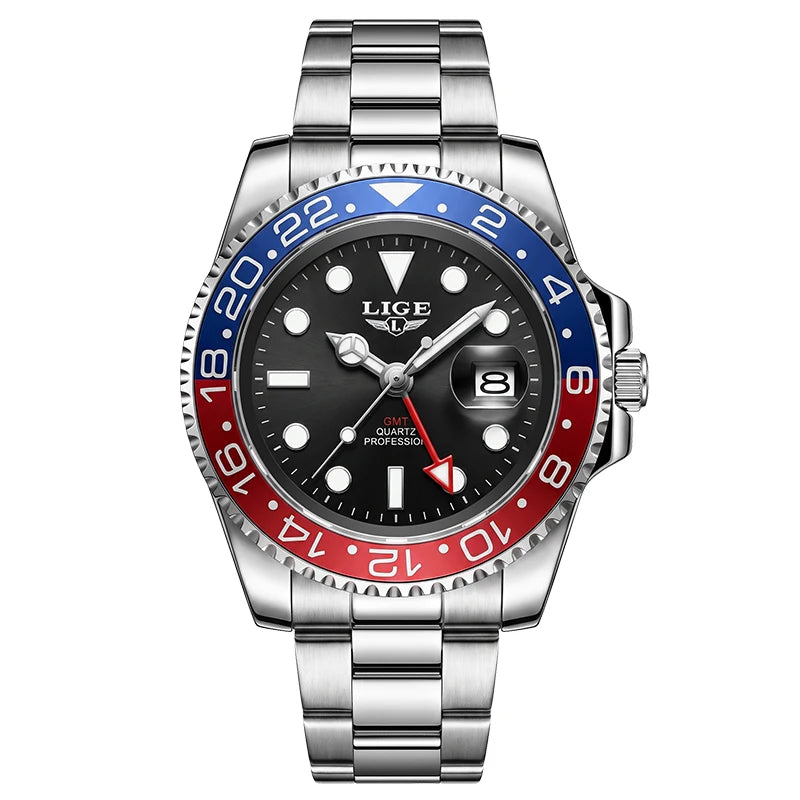 LIGE Top Brand Fashion Men GMT Quartz Watch Luxury Stainless Steel Waterproof Luminous Date Business Mens Watches Reloj Hommes