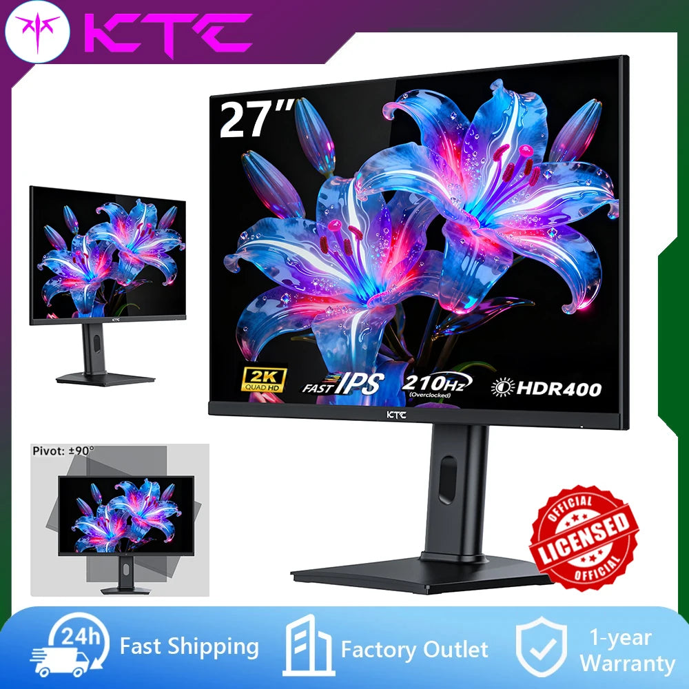 KTC H27T7P-2 Monitor para juegos IPS rápido QHD de 27 pulgadas 2560x1440 210Hz con overclocking 1ms MPRT HDR400 Adaptive Sync FreeSync G-Sync 400cd/m² 131% sRGB Soporte ergonómico Altura ajustable VESA Doble HDMI DP Luz az