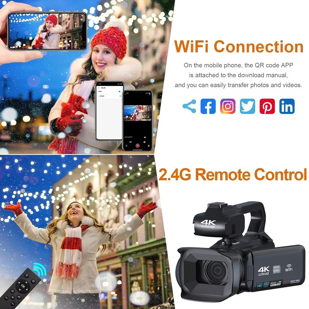 Cámara de vídeo profesional 4K para fotografía, Zoom Digital 18X, cámara Vlogging de visión nocturna, videocámara web WiFi de 64MP