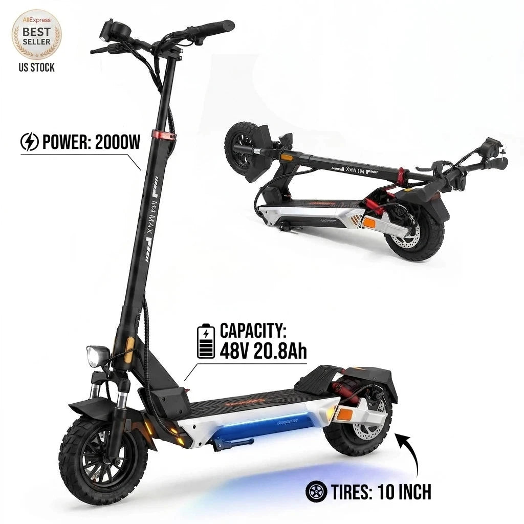 Patinete eléctrico plegable negro y azul con ruedas de 10" y frenos de disco dobles