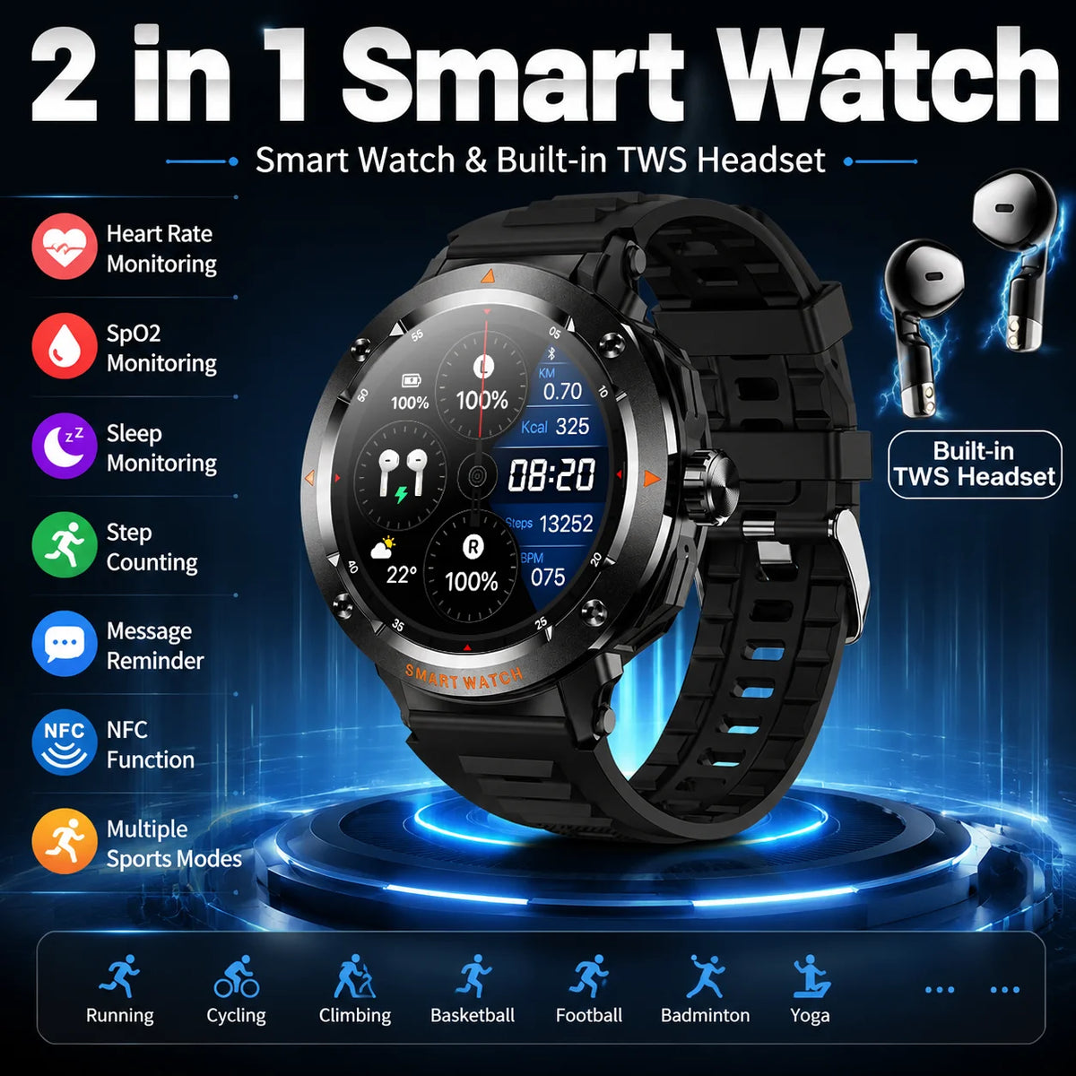 Smartwatch militar para hombre con auriculares inalámbricos integrados, acceso a puertas NFC, monitor de frecuencia cardíaca, reloj inteligente deportivo para iOS y Android