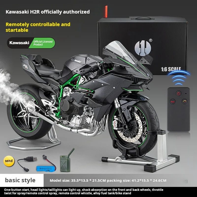 1:6 Modelo de motocicleta Kawasaki H2R con arranque remoto, rociador extra grande, juguete de locomotora de aleación H2, modelo con licencia oficial