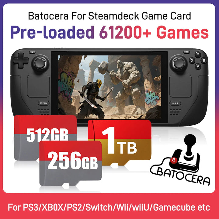 Tarjeta TF de juego Steamdeck, tarjeta de memoria de 1TB/512GB/256GB con más de 65200 juegos, más de 70 emuladores, sistema de batería para Steam Deck/consola de juegos Win/PC