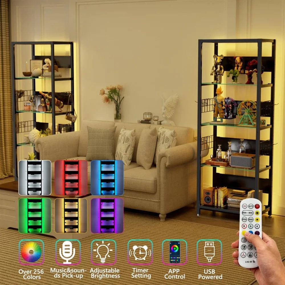 Estantería vitrina negra de 4 niveles con iluminación LED RGB y vidrio templado