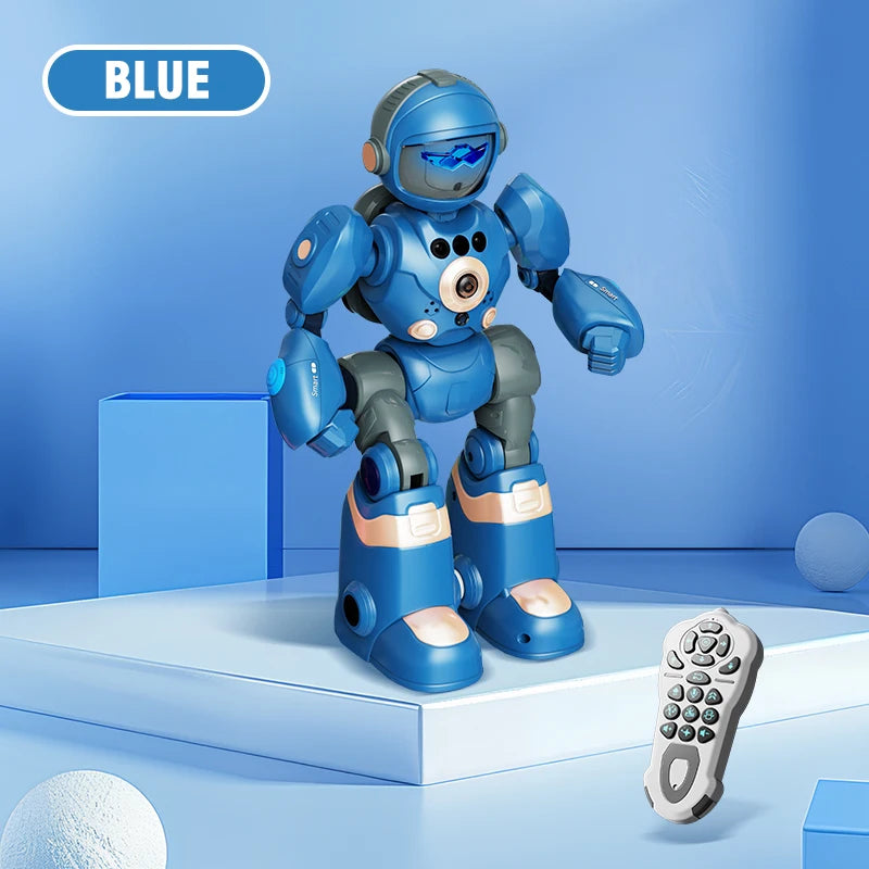 Robot azul con mando a distancia incluido, visor con luz y piernas articuladas