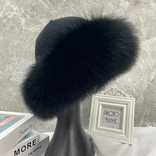 Gorros de piel de zorro peludos y cálidos para exteriores para mujer, piel esponjosa Natural elástica, gran oferta, sombrero de piel auténtica elegante a la moda