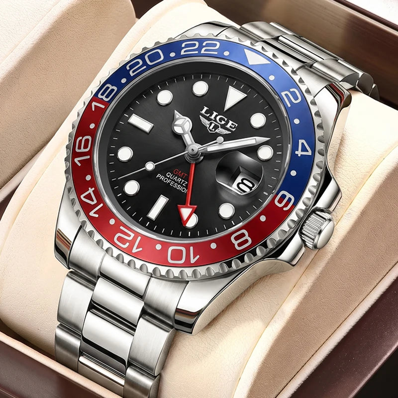 LIGE Nuevos relojes de cuarzo GMT para hombre, marca de lujo, reloj de buceo de moda, cronógrafo deportivo informal resistente al agua, Montre Homme