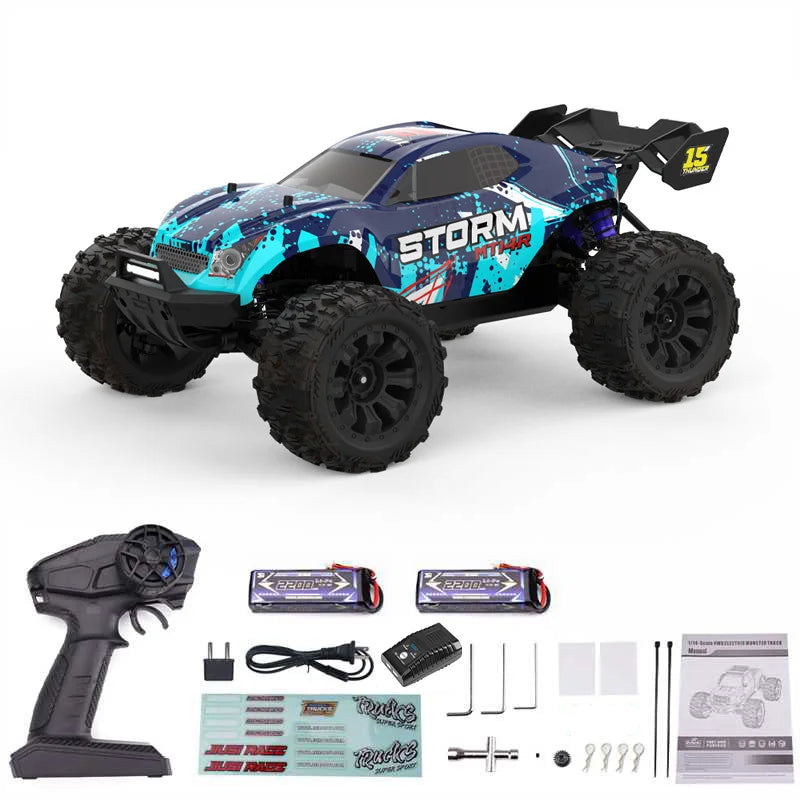 Camion RC 4x4 1/14 azul con gráfico, ruedas grandes y accesorios incluidos