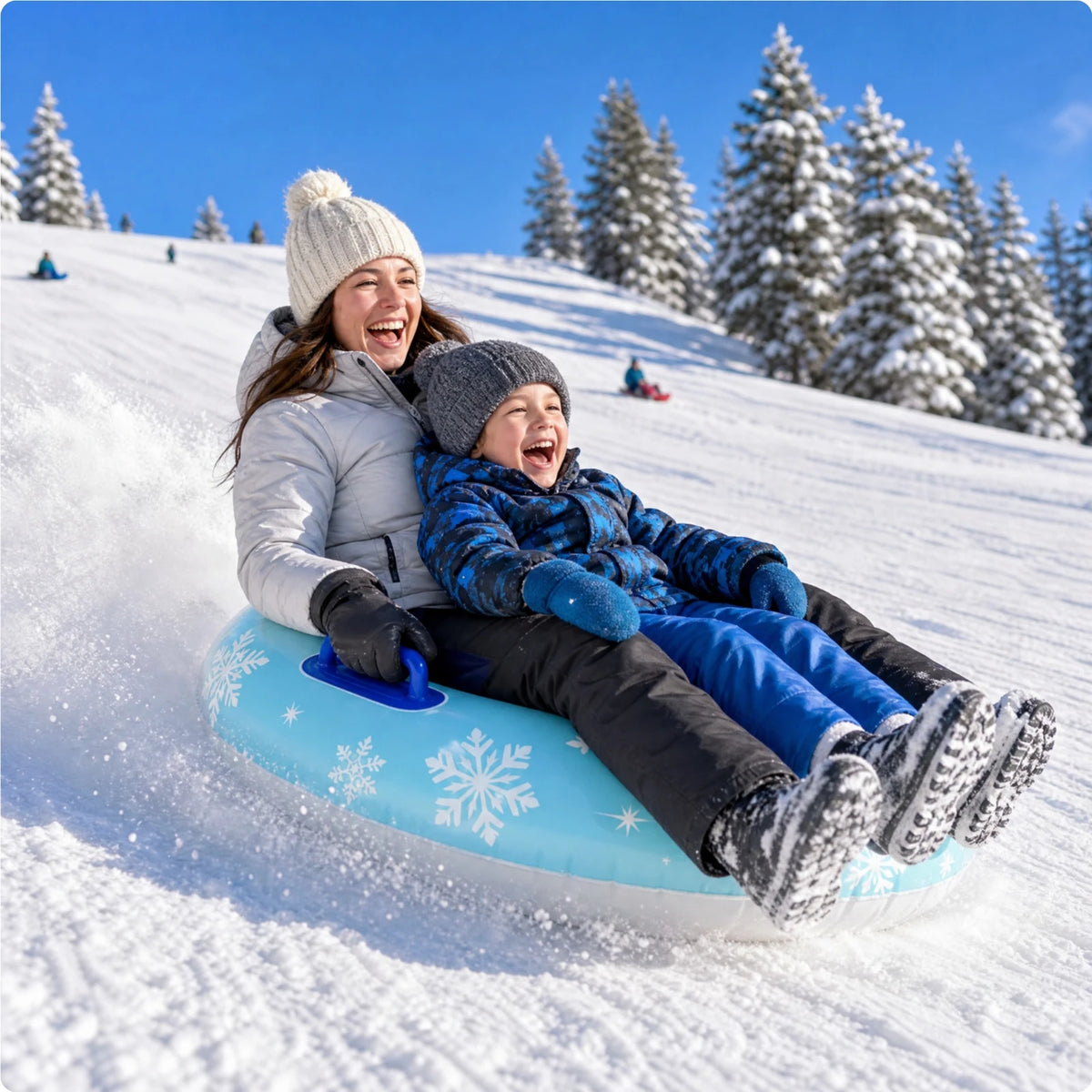 Trineo de nieve inflable, cómodo, ideal para usar en exteriores, seguro para familias, para descender por colinas nevadas y para jugar en el patio trasero durante el invierno.
