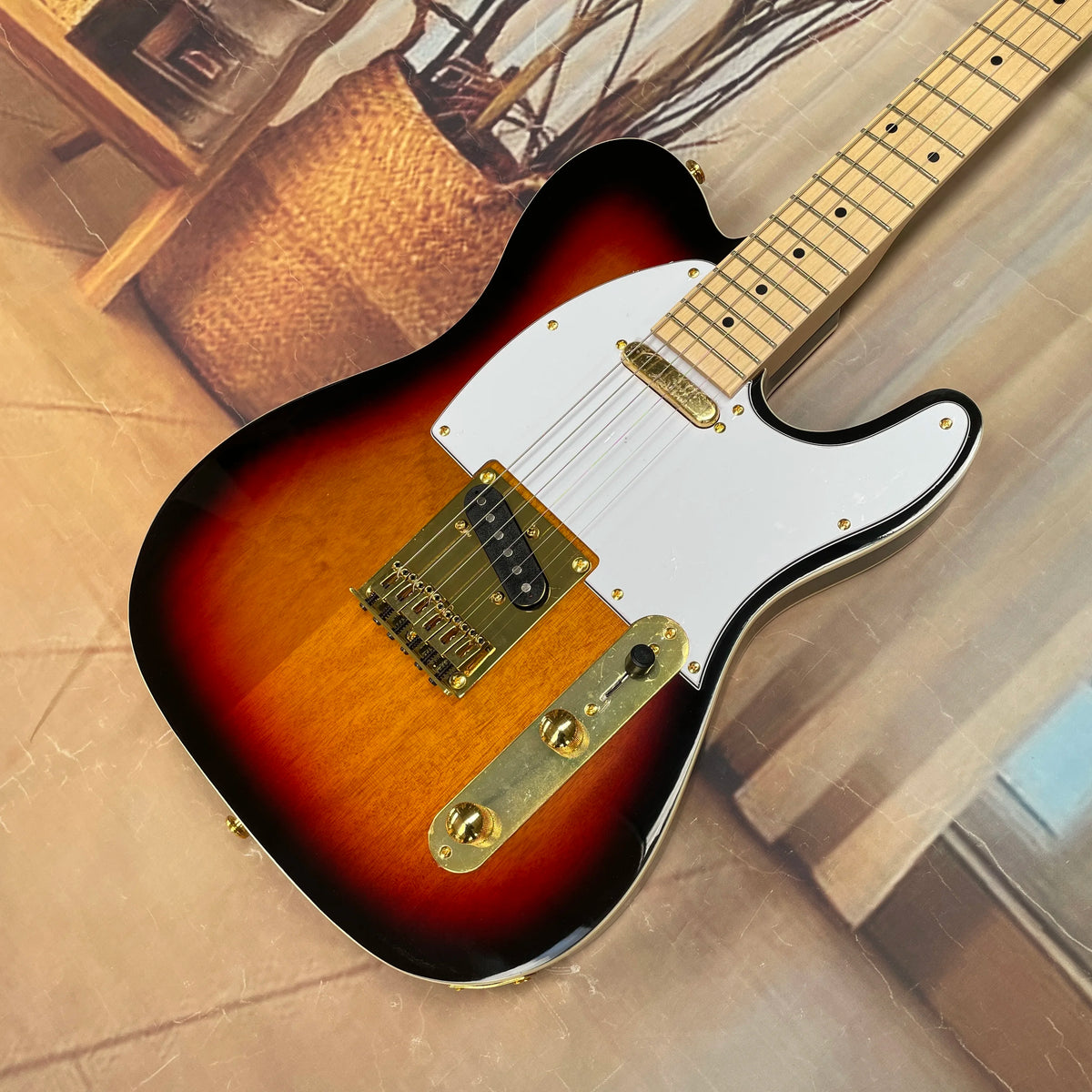 Guitarra eléctrica de 6 cuerdas con gradiente de tres colores, diapasón de arce, herrajes dorados, guitarra para principiantes e intermedios