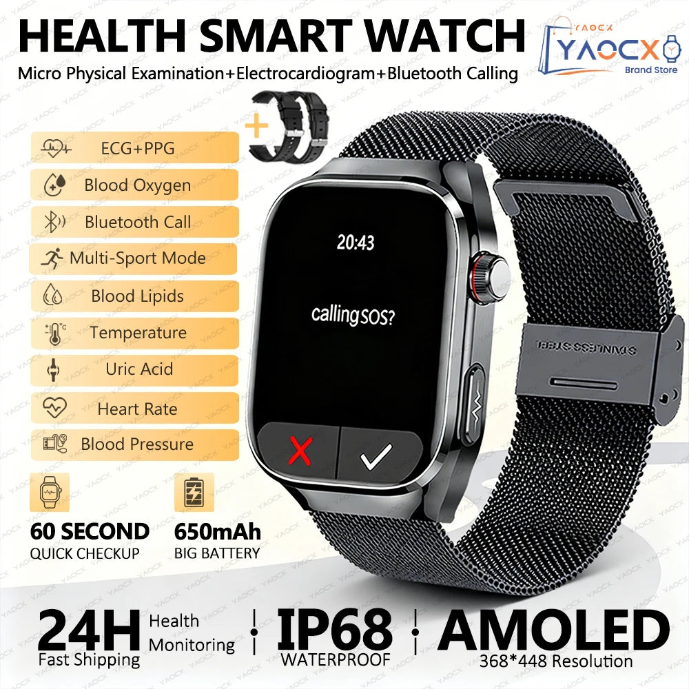 Reloj inteligente para hombre 2026, nuevo modelo con medición de ácido úrico y lípidos en sangre, ECG+PPG, presión arterial, frecuencia cardíaca, llamadas Bluetooth, reloj inteligente de salud
