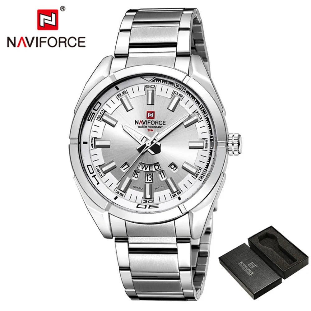 Reloj de hombre NAVIFORCE, fecha y semana, deportivo, marca de lujo superior, militar, ejército, negocios, correa de acero, cuarzo, reloj masculino, regalo 9038