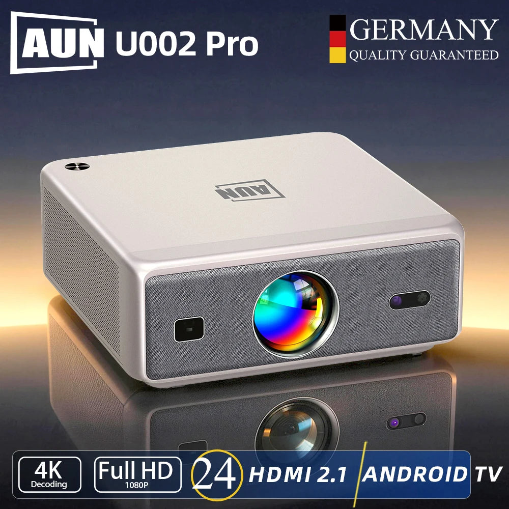 Proyector LED AUN U002 Pro gris y blanco, lente frontal con anillo multicolor