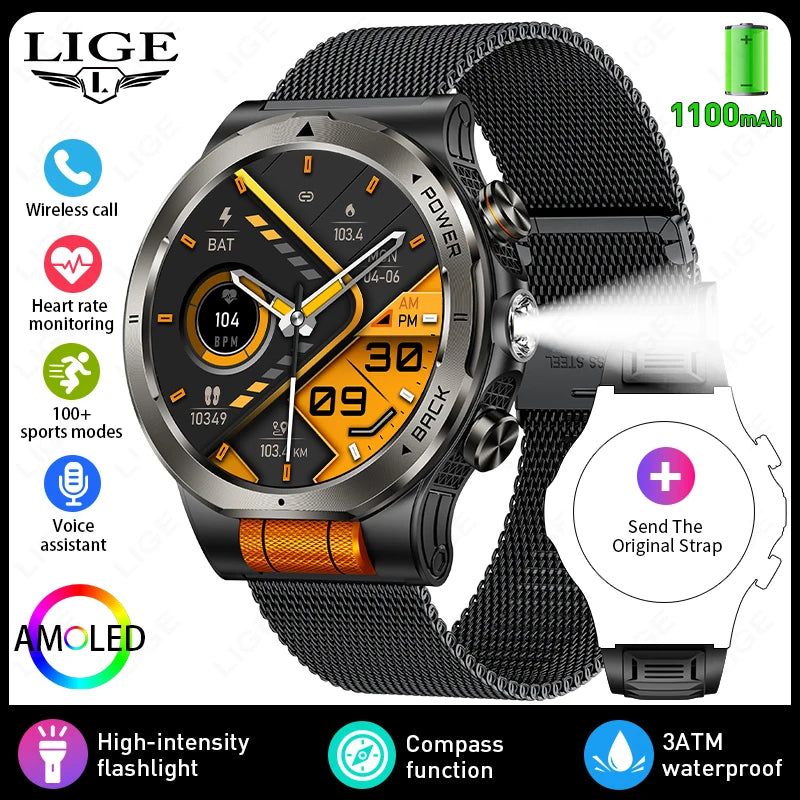 LIGE 2026 New 1100mAh Battery Smart Watch Waterproof Sports Tracker Health Monitoring Outdoor Compass Smartwatch With Flashlight