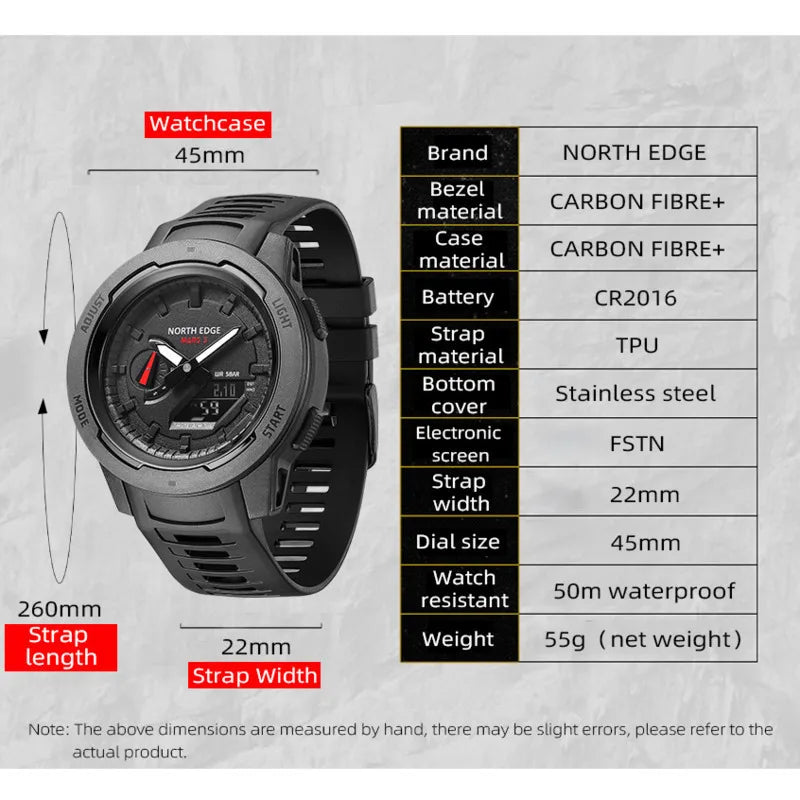 NORTH EDGE Carbon Fiber Case Men Watch MARS3 Stopwatch World Time Waterproof Quartz Wristwatch Electronic Watch for Men with BOX