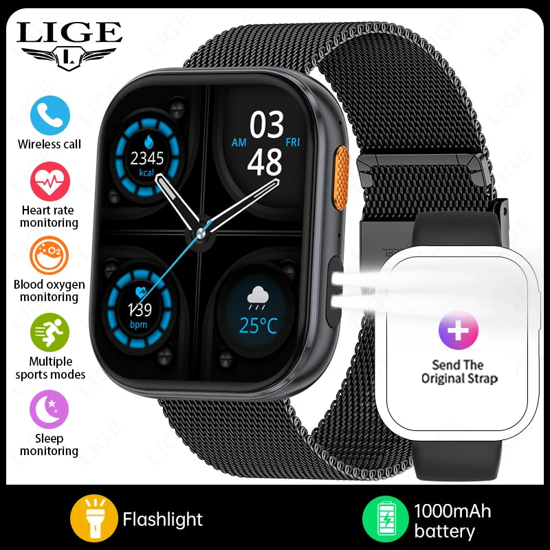 Reloj inteligente LIGE AMOLED para hombre, pantalla de 2.04, llamadas Bluetooth, monitor de salud, resistente al agua IP68, reloj inteligente deportivo para mujer, nuevo para Android iOS
