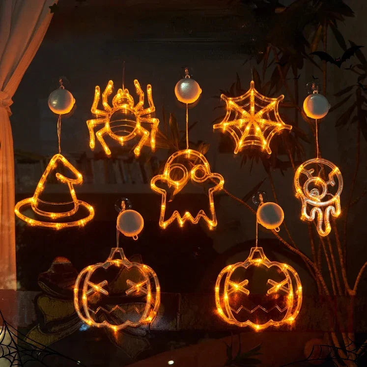 Decoración de Halloween, fantasma de calabaza naranja, luz de ventana de Halloween con ventosa, funciona con pilas, decoración colgante para el hogar de Halloween