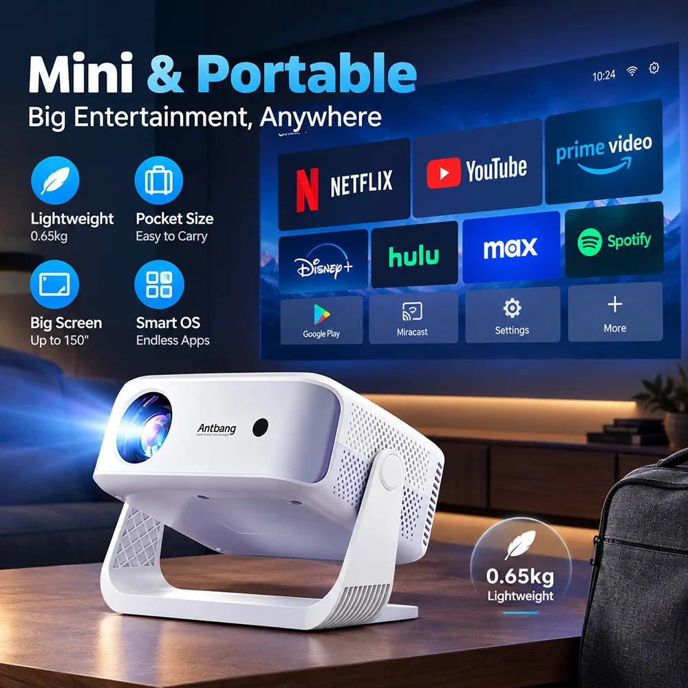 Mini proyector portátil inteligente, 1500 ANSI, decodificación 4K, Android 13, corrección automática de distorsión trapezoidal, Wifi 6 y BT5.0, compatible con Power Bank PD tipo C