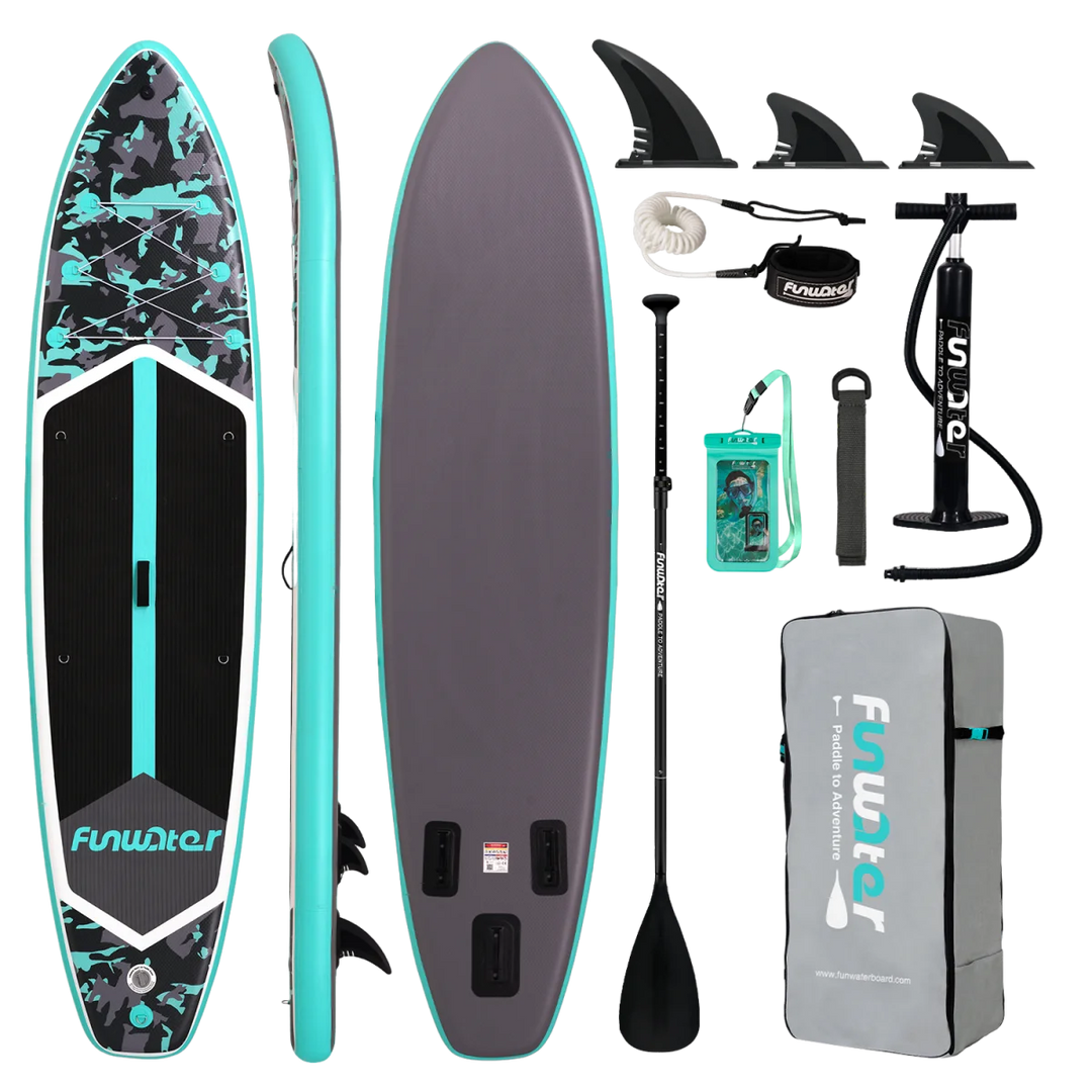 Tabla de paddle surf Funwater SUPFW32C, 350x84x15 cm, 180 kg+, SUP hinchable de camuflaje negro y turquesa para lagos, bahías tranquilas, yoga y pesca, paddleboard con soporte para cámara y accesorios