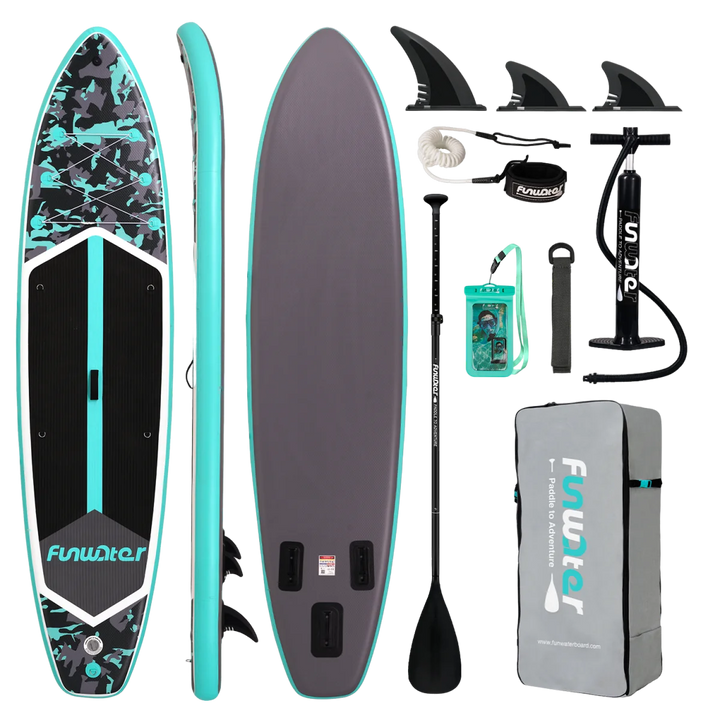 Tabla de paddle surf Funwater SUPFW32C, 350x84x15 cm, 180 kg+, SUP hinchable de camuflaje negro y turquesa para lagos, bahías tranquilas, yoga y pesca, paddleboard con soporte para cámara y accesorios