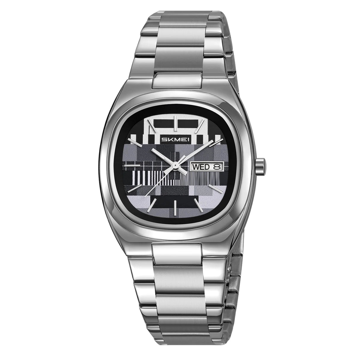 Reloj SKMEI retro para hombre, sencillo, dorado, caja ovalada, esfera con patrón de prueba de TV, correa de acero inoxidable, hora, semana, fecha, resistente al agua 30M, 9375
