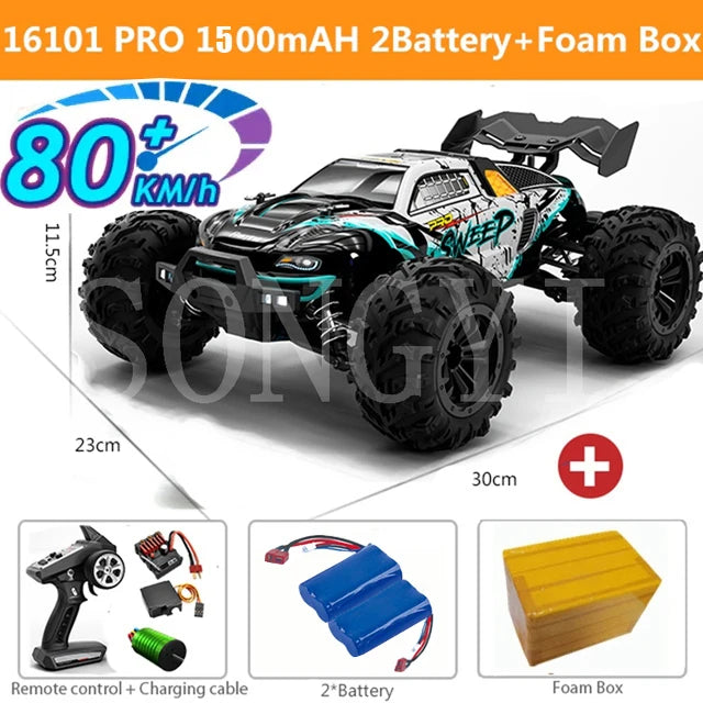 Coches RC de 50 u 80 km/h, escala 1/16, todoterreno, derrape, 4WD con LED, control remoto 2.4G, camión monstruo impermeable, regalo de juguete para adultos y niños