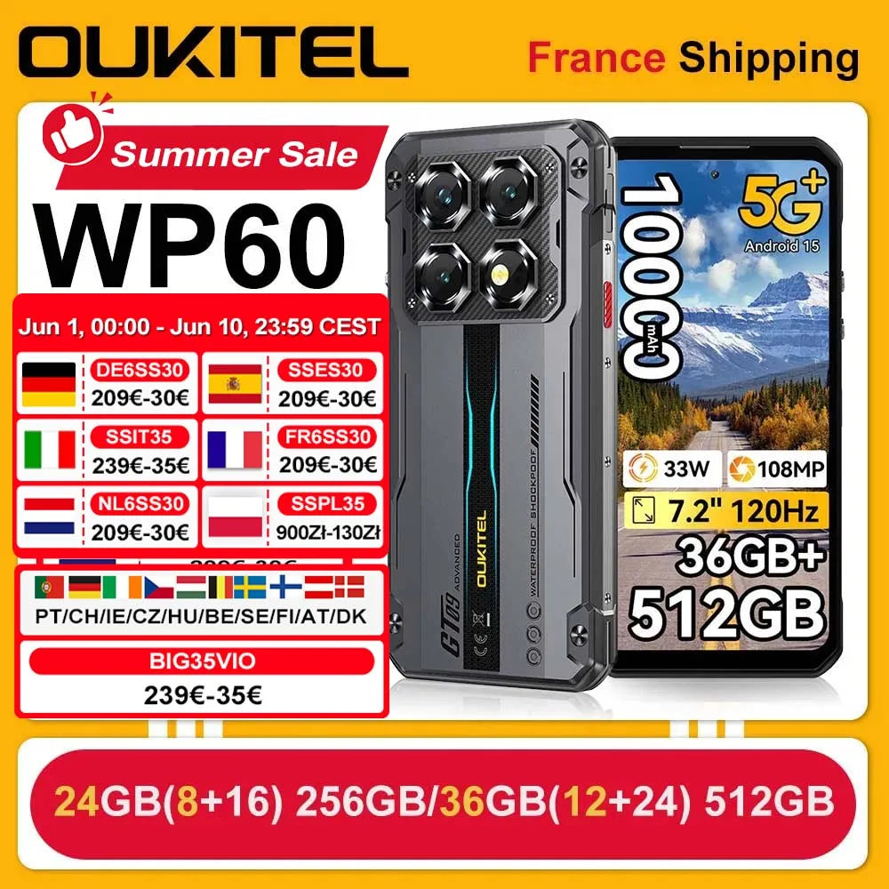 Teléfono ultra resistente OUKITEL WP60 5G 24GB(8+16) 256GB / 36GB(12+24) 512GB Smartphone 7,2” HD+ 120Hz 10000mAh 108MP Android 15 NFC