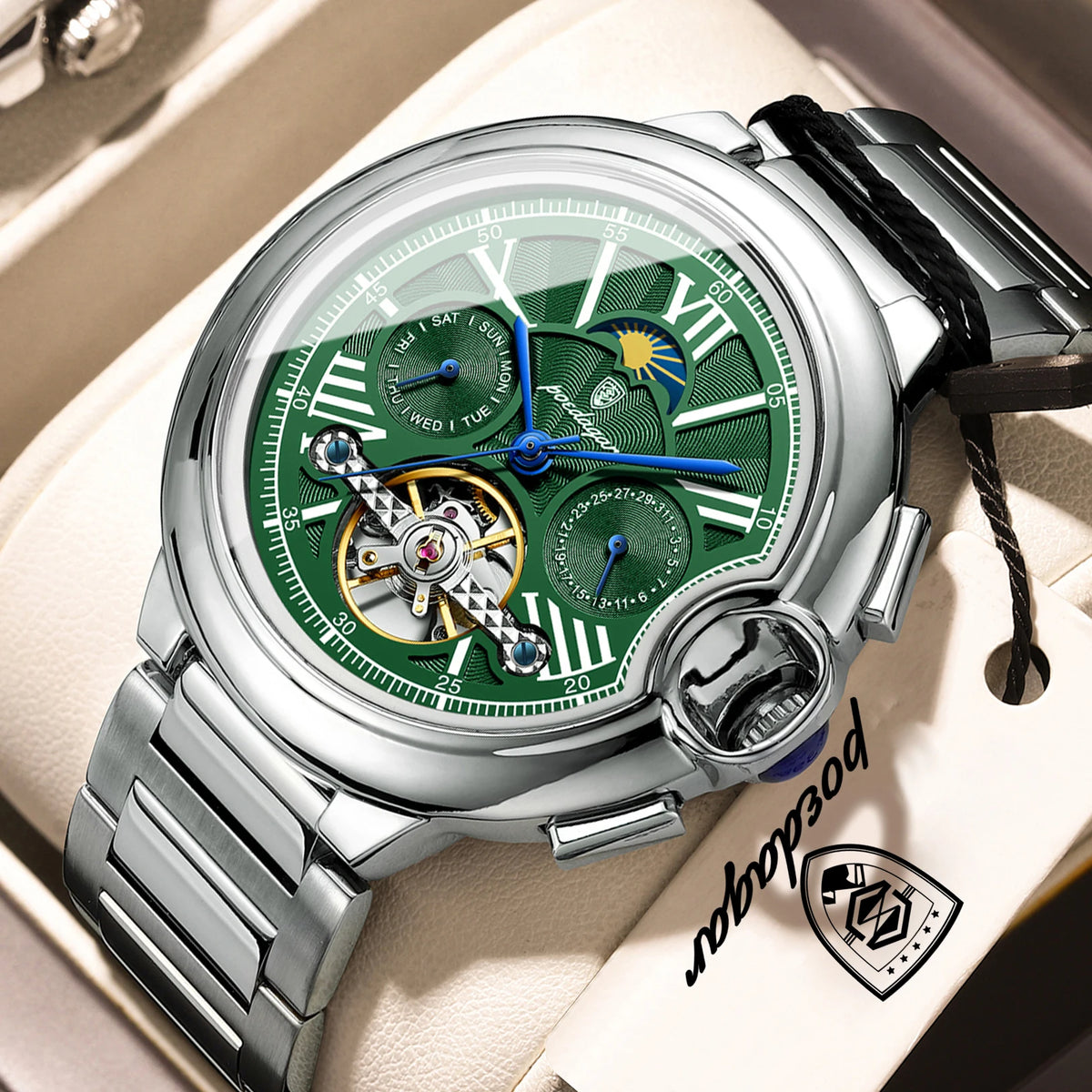 Reloj mecánico automático de lujo para hombre POEDAGAR, con fecha, semana, tourbillon, correa de piel, resistente al agua y diseño de negocios.