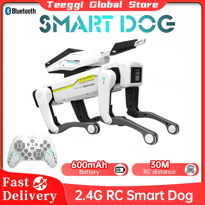 Perro robot RC inteligente blanco y negro con mando y caja, diseño compacto