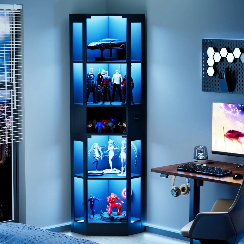 Vitrina expositora moderna de cristal de 5 niveles, estantería con iluminación LED y puerta de vidrio, mueble de almacenamiento multicapa, estante de exhibición a prueba de polvo