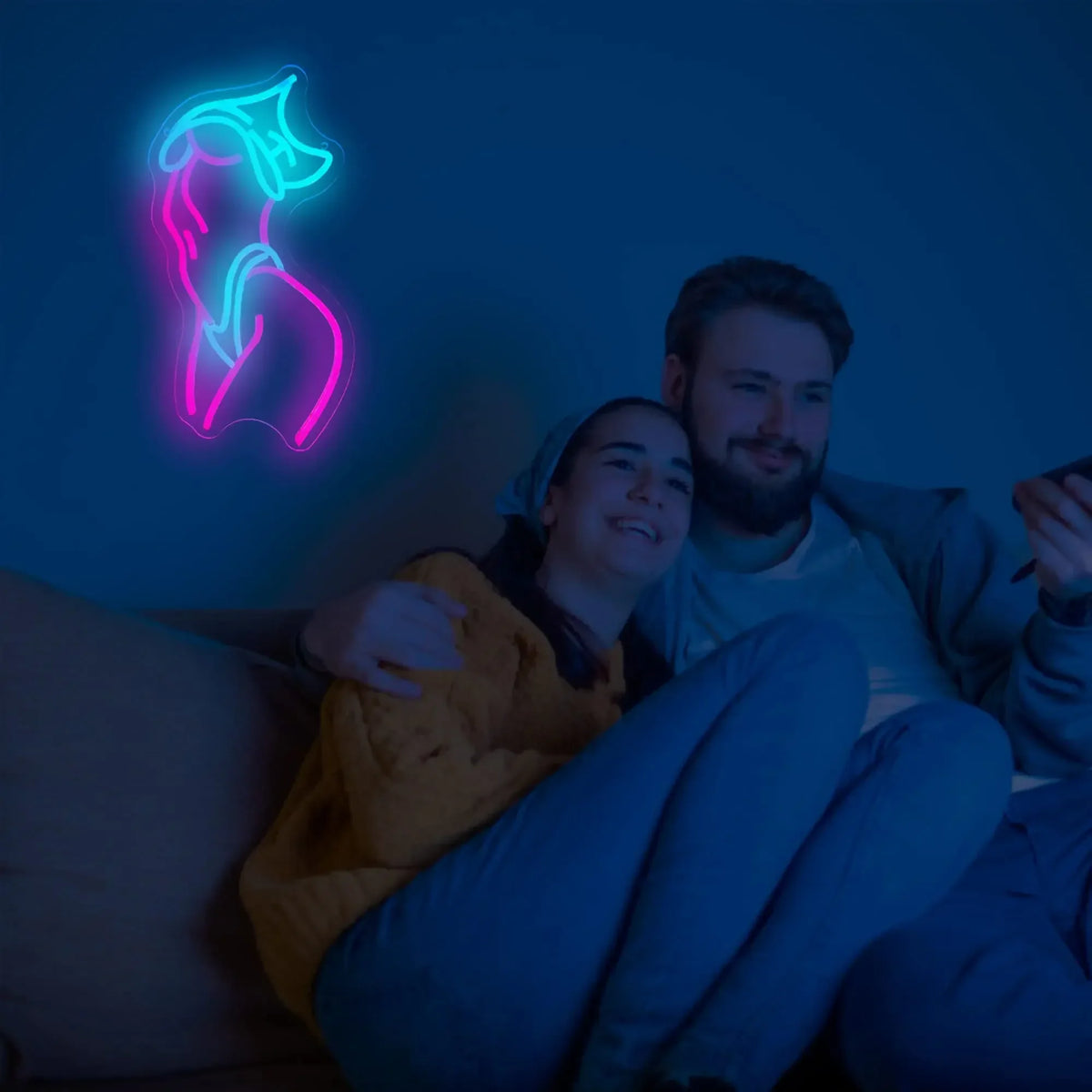 Letrero neón LED de mujer con luz rosa y azul turquesa