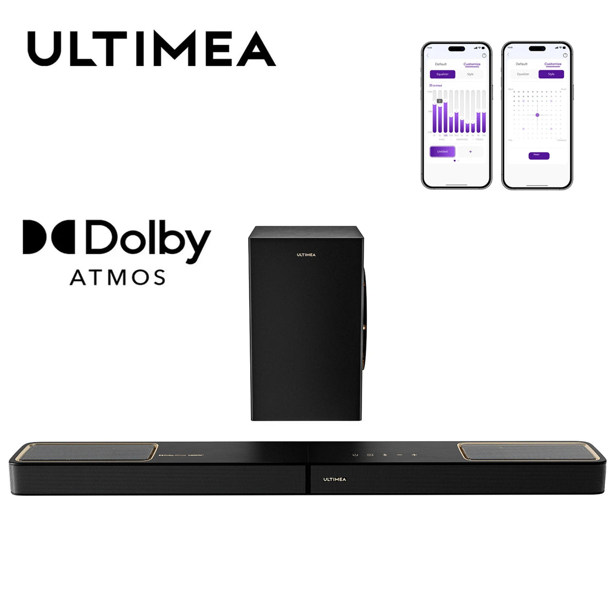 Barra de sonido negra con subwoofer inalámbrico, Dolby Atmos y HDMI en vista frontal