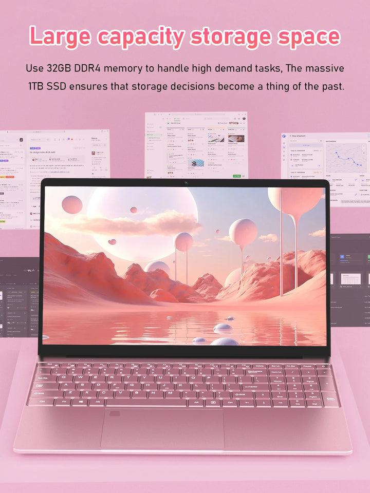 Portátil rosa de 15,6 pulgadas con pantalla FHD IPS, procesador Intel N150, 32 GB de memoria RAM DDR4, disco SSD de 1 TB, Windows 11 Pro, resolución 1920x1080, Wi-Fi de doble banda, Bluetooth 5.0: portátil, ordenador p